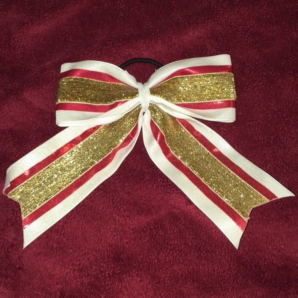 White, gold, red bow ponytail holder for Cheer Dance or Pom